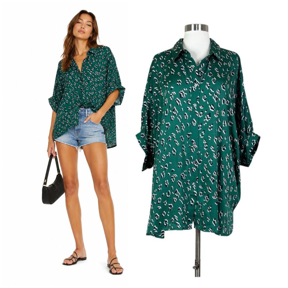 Entro | Leopard Print Emerald Green Oversized Short Sleeve Button Blouse Top M/L